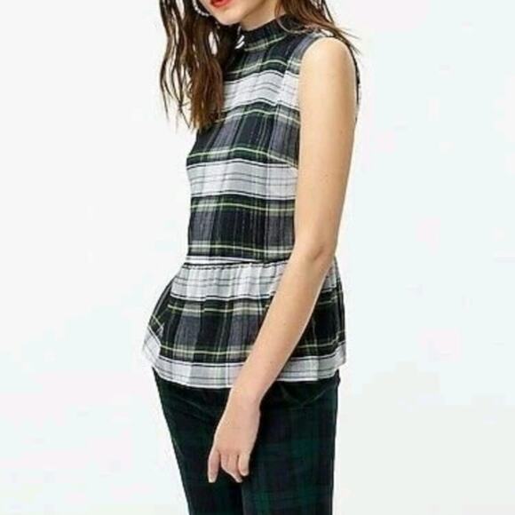 J Crew Sleeveless Peplum Top Gilded Highland Tartan Plaid Blue Green Mockneck XS - Picture 1 of 11